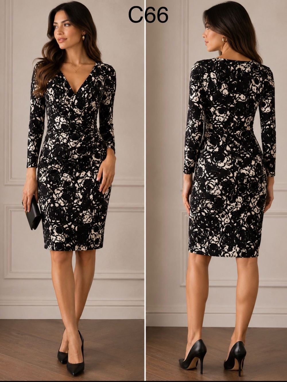 Chaps Black & Ivory Floral Wrap-Front Sheath Dress,Size Small